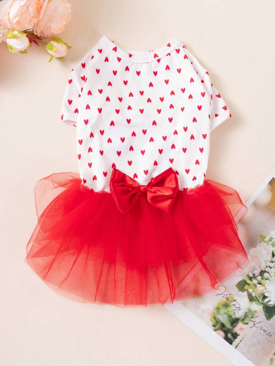 Dog Puppy Heart Print Short Sleeve Dress With Bow, Tulle Skirt, Daily Wear Pet Clothes, Anti-Shedding - Red - View 1