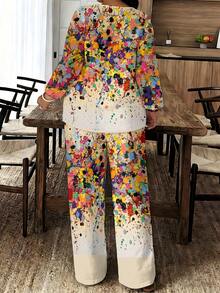 Colorful Splatter Print Women's Pointed Collar Short-Sleeved Trousers Two-Piece Set, Dazzling And Eye-Catching, Made Of Polyester Fiber Fabric, Lightweight And Breathable, Perfect For Casual Vacation Wear. - 彩色 - 查看 2