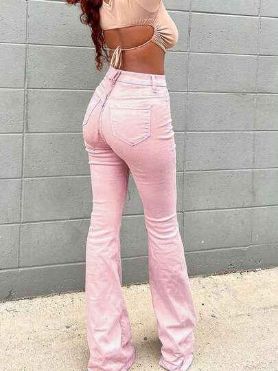 NVFelix 2026 New High-Waisted Flare Leg Jeans For Women, Lightweight Fabric With Slight Stretch, Pockets Design, Suitable For Casual, Vacation Wear In Spring/Summer, Color: Pink