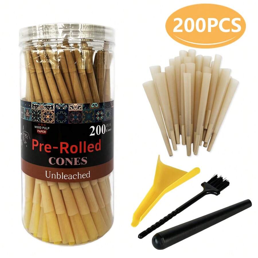 200pcs Unbleached 1 1/4 Size Pre-Rolled Papers With Filter Tips, 84mm Pre Rolling Cones With Filling Device - As Pic - View 1