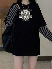 Letter Print 2 In 1 Long Sleeve Round Neck Loose Knit T-Shirt, Fashionable Commuter Top For Spring/Autumn, Valentine's Day Outfit - 2A19 Black - KJ0264 - View 2