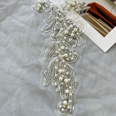 1 pieza Aplique bordado a mano con cristales, aplique bordado para decoración de boda