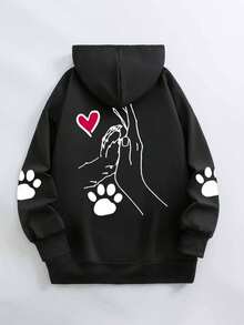 Áo nỉ nữ cỡ lớn kiểu dáng thường ngày với họa tiết dấu chân chó và trái tim, hình ảnh động vật, màu đen, thích hợp cho mùa thu/đông và mùa xuân. - màu đen - Xem 3