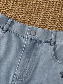 1件女童休闲牛仔短裤，时尚甜美又个性，饰有蝴蝶结刺绣，浅蓝色水洗，夏季款 - 淺色水洗藍 - 查看 4