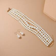 一套简约多层项链，包含1条项链和1对仿珍珠耳环。优雅的仿珍珠颈链+耳环首饰套装，适合女性日常佩戴、参加派对，或作为完美礼物。 - 白色 - 查看 7