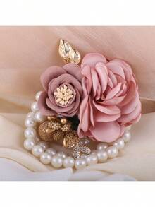1件新娘手镯花朵，仿珍珠手链，婚礼伴娘配饰 - 粉色 - 查看 2