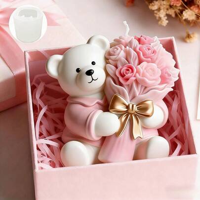 1pc 3D Cute Hugging Floral Teddy Bear Silicone Mold, Suitable For Birthday, Mother's Day, Wedding, Anniversary, Valentine's Day Tulip Bear Resin, Clay, Plaster, Candle Silicone Mold, DIY Handmade Fragrance Wax Mold For Wedding Decor And Plaster Figurines