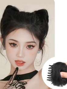 猫耳假发发髻发夹，蓬松假发髻发饰，可爱甜美双发髻发夹，假发环双发髻发型，角色扮演猫咪花苞头饰 HA2770 - 彩色 - 查看 9