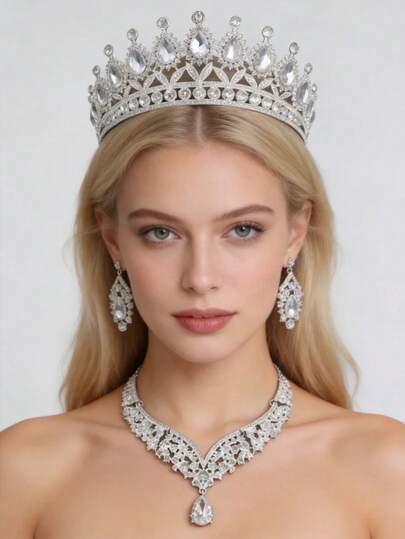 4pcs Luxurious & Elegant Rhinestone Queen Crystal Necklace, Earrings, Crown Bridal Wedding Headpiece Set For Women, Party & Gala