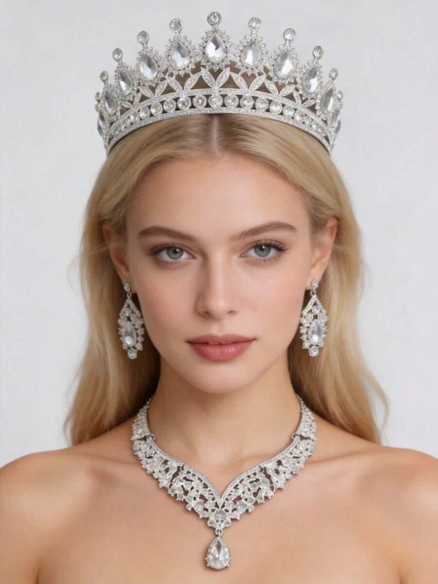 4pcs Luxurious & Elegant Rhinestone Queen Crystal Necklace, Earrings, Crown Bridal Wedding Headpiece Set For Women, Party & Gala - Multicolor - View 1