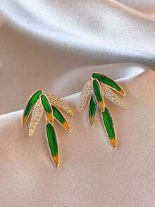 1 Pair Fashionable Minimalist Delicate Rhinestone Bamboo Leaf Stud Earrings, Suitable For Women's Daily And Holiday Wear - Bamboo Leaves - View 3