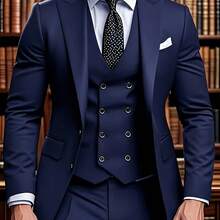Men's Notch Lapel Suit Set Includes A Jacket, Vest, And Trousers. A Simple, Comfortable, And Classic Three-Piece Suit For Elite Business Attire, High-End Wedding Groomsmen, Interviews, Parties, Casual Events, Sports, And Holiday Gifts - 藍色海軍藍 - 查看 1