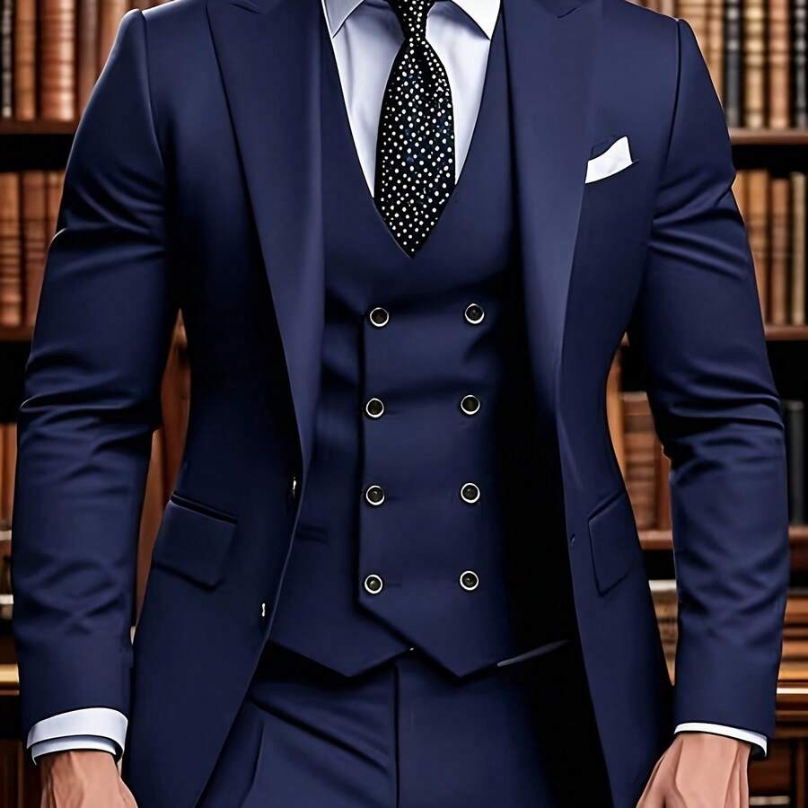 Men's Notch Lapel Suit Set Includes A Jacket, Vest, And Trousers. A Simple, Comfortable, And Classic Three-Piece Suit For Elite Business Attire, High-End Wedding Groomsmen, Interviews, Parties, Casual Events, Sports, And Holiday Gifts - 藍色海軍藍 - 查看 1