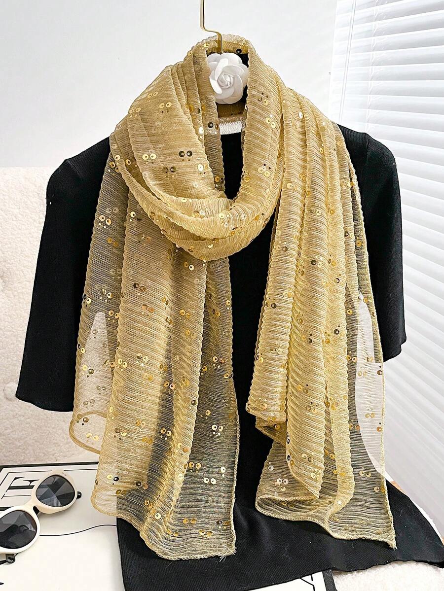 1 chiếc khăn bandana nữ, khăn choàng nhẹ, đơn sắc đính sequin, thích hợp dùng làm khăn trùm đầu, khăn trùm đầu kiểu Trung Đông, khăn trang trí, khăn choàng chống nắng, hoàn hảo cho sử dụng hàng ngày. - Vàng - Xem 1