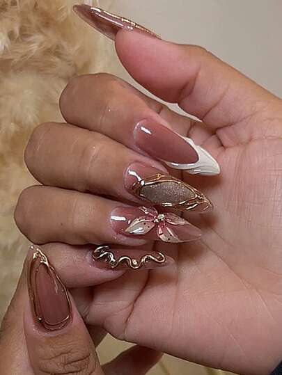 24pcs Y2K Style Flower Sequin Cat Eye Medium-Long Almond Acrylic False Nails Set, 3D Design With Diamond Decor, Suitable For Nail Salons, Teens & Women For Daily Wear, Festivals, Gifts
