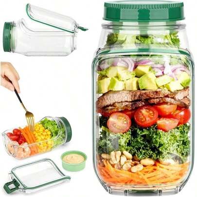 Leak-Proof Salad Container With Side Opening Lid | Portable Mason Jar Salad Lunch Box With Dressing Cup | Dishwasher- Salad Container For Travel, Gym, Office, Outdoor