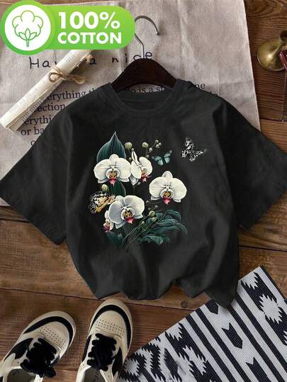 Hermosa camiseta con estampado de orquídeas mariposa, de manga corta y cuello redondo, top casual para verano y primavera, ropa de invierno para mujer, - Ideal para el verano.