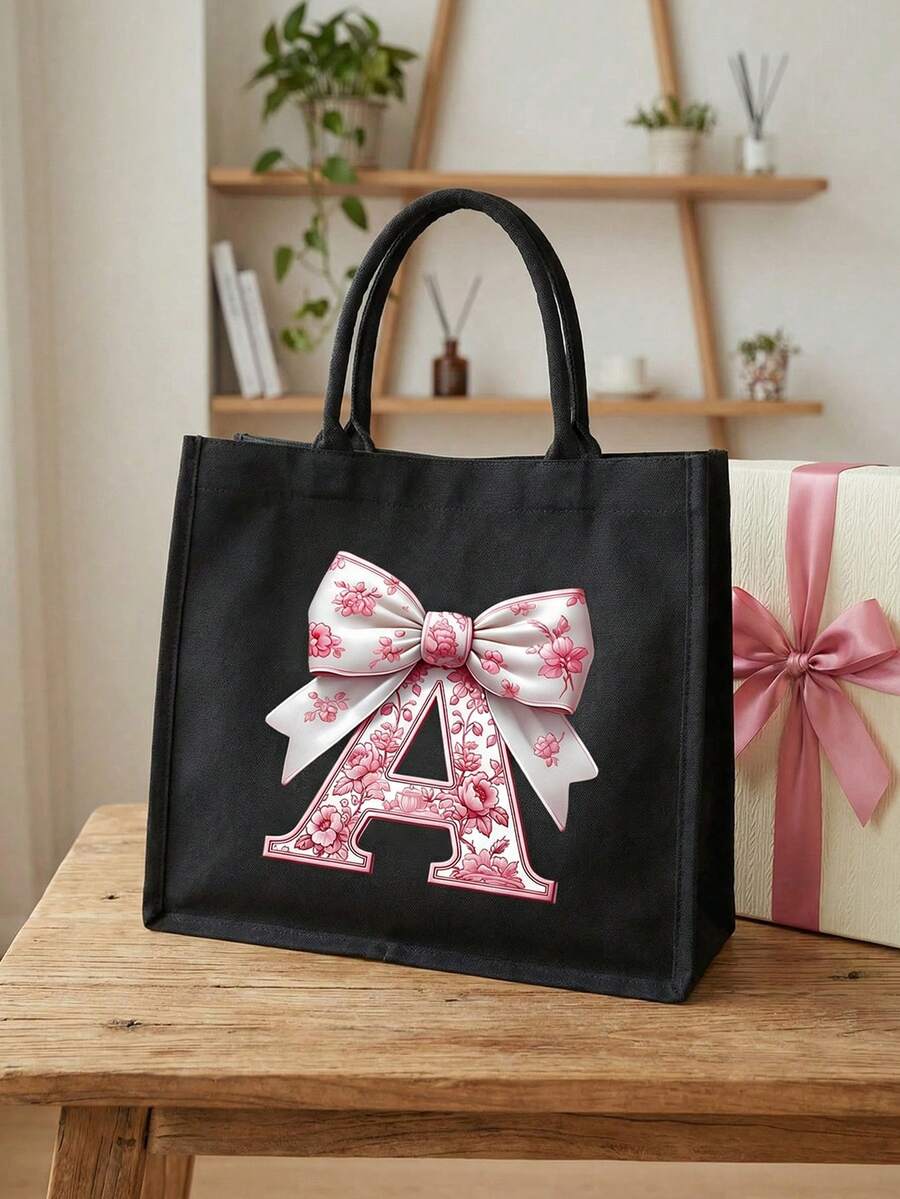 粉色花卉蝴蝶结字母亚麻手提包套装，含拉链化妆包，情人节礼物，女友礼物，多功能便携手提包，教师节礼物，女士礼物，字母印花手提包，化妆包，精美旅行沙滩包 - 彩色 - 查看 1