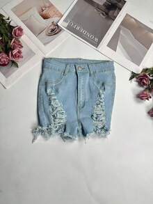 Summer Sexy Ripped Frayed Hem Fitted Shorts, Fashionable Cute, Versatile Outdoor Women Clothing Casual - Light Blue - View 5