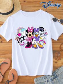 Disney 1pc Women's Short Sleeve T-Shirt, Minnie Mouse And Daisy Duck Graphic Print Short Sleeve Tee, Round Neck With Slight Stretch, Easy Care Fabric, Suitable For Daily Wear, Fashionable Women's Short Sleeve T-Shirt, Casual Wear - White - View 1