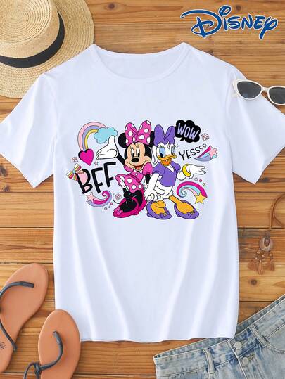 Disney 1pc Women's Short Sleeve T-Shirt, Minnie Mouse And Daisy Duck Graphic Print Short Sleeve Tee, Round Neck With Slight Stretch, Easy Care Fabric, Suitable For Daily Wear, Fashionable Women's Short Sleeve T-Shirt, Casual Wear