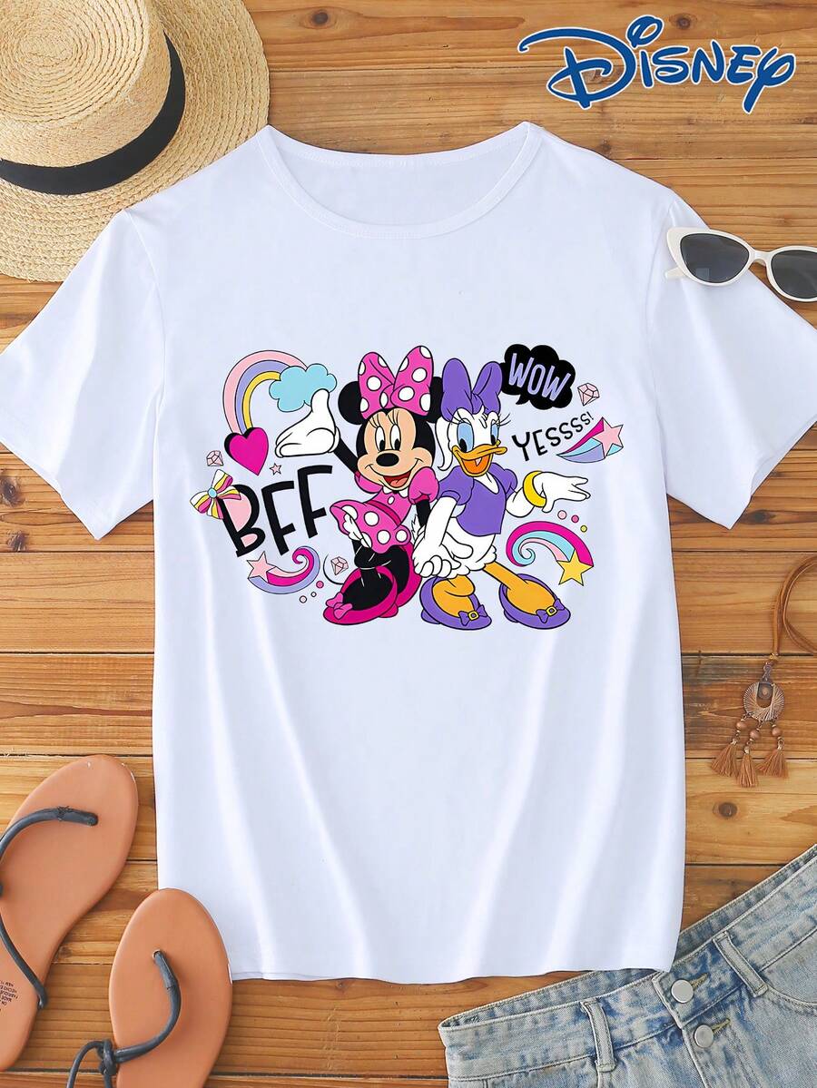 Disney 1pc Women's Short Sleeve T-Shirt, Minnie Mouse And Daisy Duck Graphic Print Short Sleeve Tee, Round Neck With Slight Stretch, Easy Care Fabric, Suitable For Daily Wear, Fashionable Women's Short Sleeve T-Shirt, Casual Wear - White - View 1