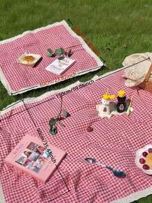 1pc Charming Red & White Plaid Rectangular Picnic Blanket - Woven Rayon Tablecloth With Lace Trim, Suitable For Winter Camping, Beach Outings, Photography Backdrop, Picnic Accessories - Red Plaid - View 3