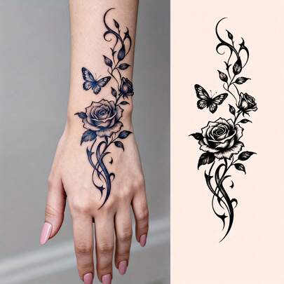 草本果汁半永久魔法纹身贴纸，采用简约复古设计，展现优雅的天然玫瑰枝叶。逼真的临时纹身，适合日常派对和节日礼物，可用于肩膀、脖子、手臂和手指。