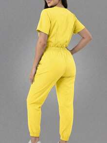 Conjunto uniforme médico quirúrgico set 2 piezas dama mujer manga corta cuello v pantalón jogger resorte cordón cómodo - Amarillo - Ver 2