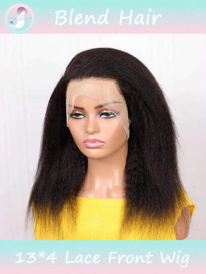 8-16 Inch Kinky Straight Lace Front Wigs Human Blended Hair Yaki Stairght 13x4 Transparent Lace Frontal Kinkystraight Wigs With Curly Edges Hairline Pre-Plucked 180% Density(Blended Wigs-A Mix Of Human Blended Hair And Synthetic)Wigs Human Blended Hair/Women's Human Blended Hair Wig/Human Blended Hair Lace Front Wigs/Wigs Glueless/Bleached Knots/Pre Plucked/Lace Wig/Upgrade Your Look/Confidence Boost/Perfect Gift