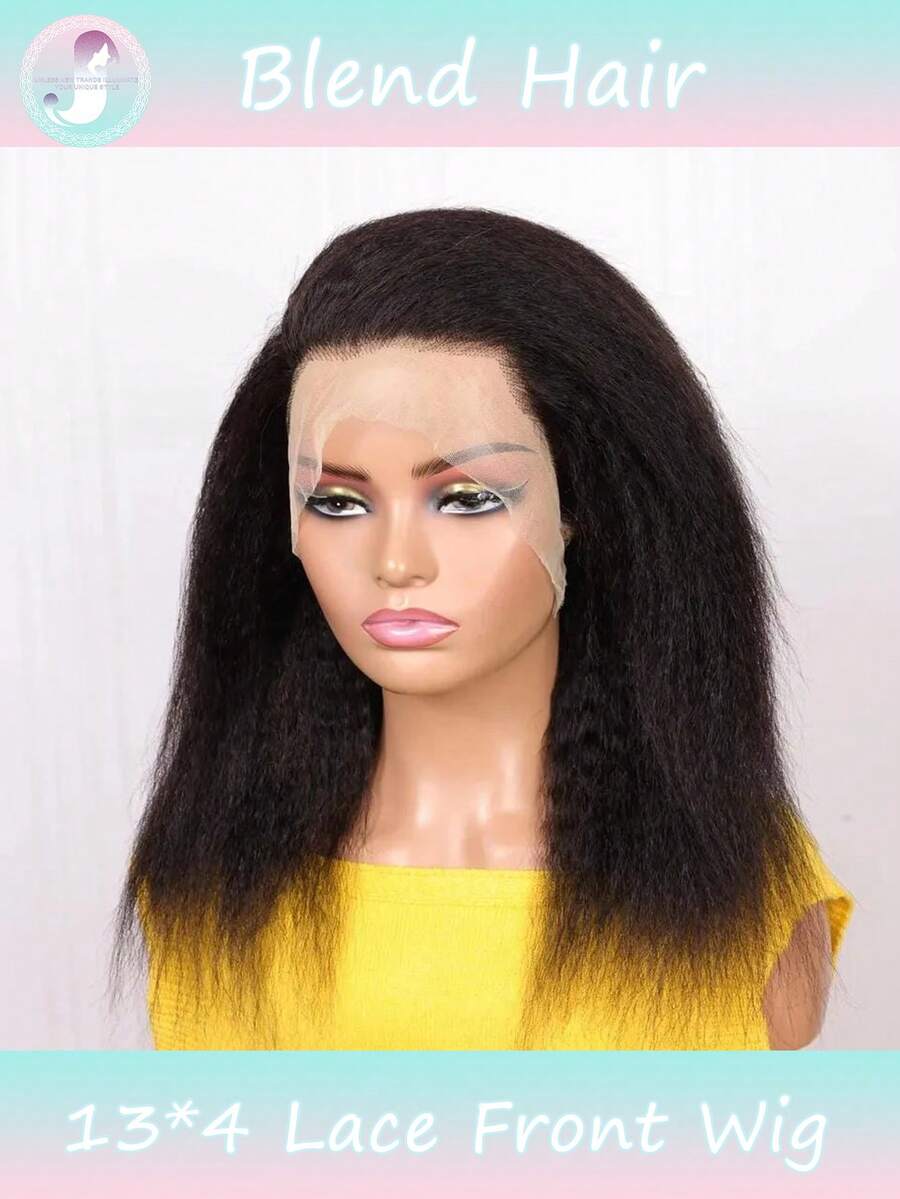 8-16 Inch Kinky Straight Lace Front Wigs Human Blended Hair Yaki Stairght 13x4 Transparent Lace Frontal Kinkystraight Wigs With Curly Edges Hairline Pre-Plucked 180% Density(Blended Wigs-A Mix Of Human Blended Hair And Synthetic)Wigs Human Blended Hair/Women's Human Blended Hair Wig/Human Blended Hair Lace Front Wigs/Wigs Glueless/Bleached Knots/Pre Plucked/Lace Wig/Upgrade Your Look/Confidence Boost/Perfect Gift