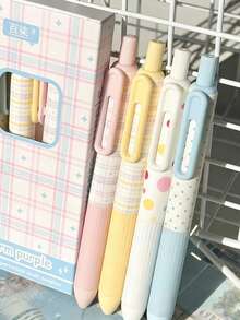 4支波点/星形图案按压式中性笔，高品质墨水，适合学生和考试使用，速干，黑色墨水 - 小布丁筆 - 查看 2