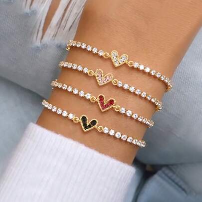 1条新款时尚彩色爱心金色可调节链条手链，女士款