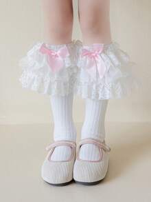 1 Pair Girls' Socks, Spring/Summer Style With Big Lace Bow, Sweet Lolita Ballet Style Princess Socks, Suitable For Birthday Party, Daily Wear - Multicolor - View 2