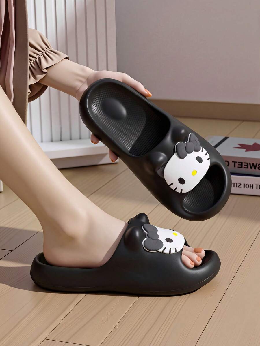Sanrio 三丽鸥可爱猫咪平底拖鞋，女士EVA趣味拖鞋，浴室、沙滩、夏季度假猫咪单带凉鞋 - 黑色 - 查看 1