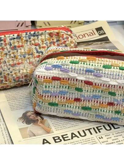 1个波西米亚彩虹编织铅笔盒 - 彩色帆布拉链收纳袋，非常适合存放学习用品和文具|鲜艳的图案设计|拉链袋，铅笔收纳袋