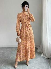 Spring Fall Floral Print Stand Collar Dress Women's Long Sleeve Zipper Front Self-Tie Waist Pleated Midi Dress - 黃色 - 查看 2