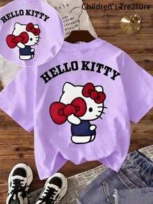 SANRIO Hello Kitty  Pattern Design, Street Hip-Hop Casual Style, Summer Round Neck Short Sleeved, Suitable For Outdoor Activities And Casual Wear - Màu tím hoa cà - Xem 1