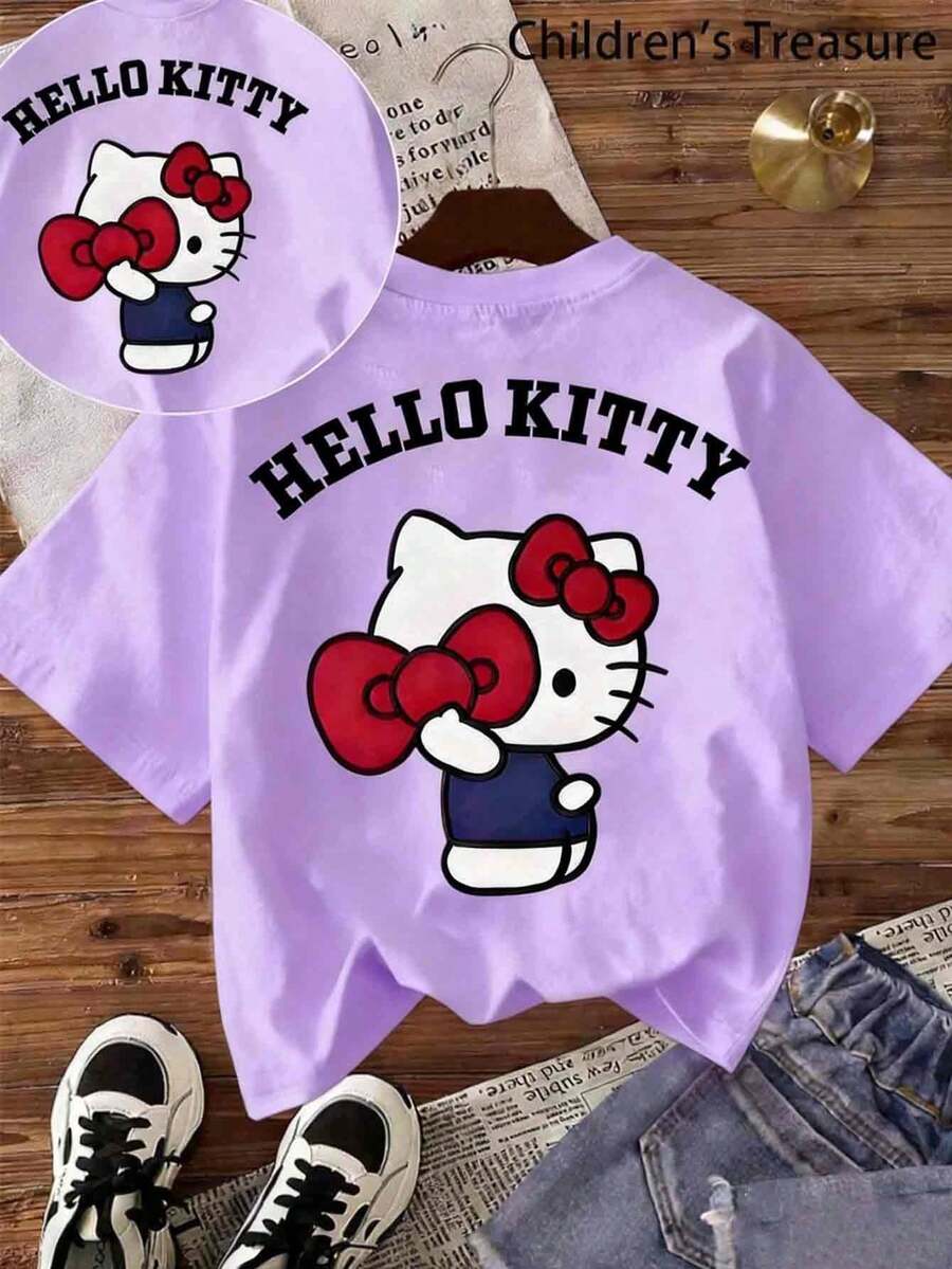 SANRIO Hello Kitty Pattern Design, Street Hip-Hop Casual Style, Summer Round Neck Short Sleeved, Suitable For Outdoor Activities And Casual Wear - Màu tím hoa cà - Xem 1