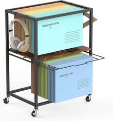 Rolling File Cart, Mobile File Cabinet, File Folder Rack Holders, 2 Tiers, Pull-Out Letter And Legal Size, File Folder Organizer With Wheels For Hanging Files, Home, Office, Black - Brown - View 10