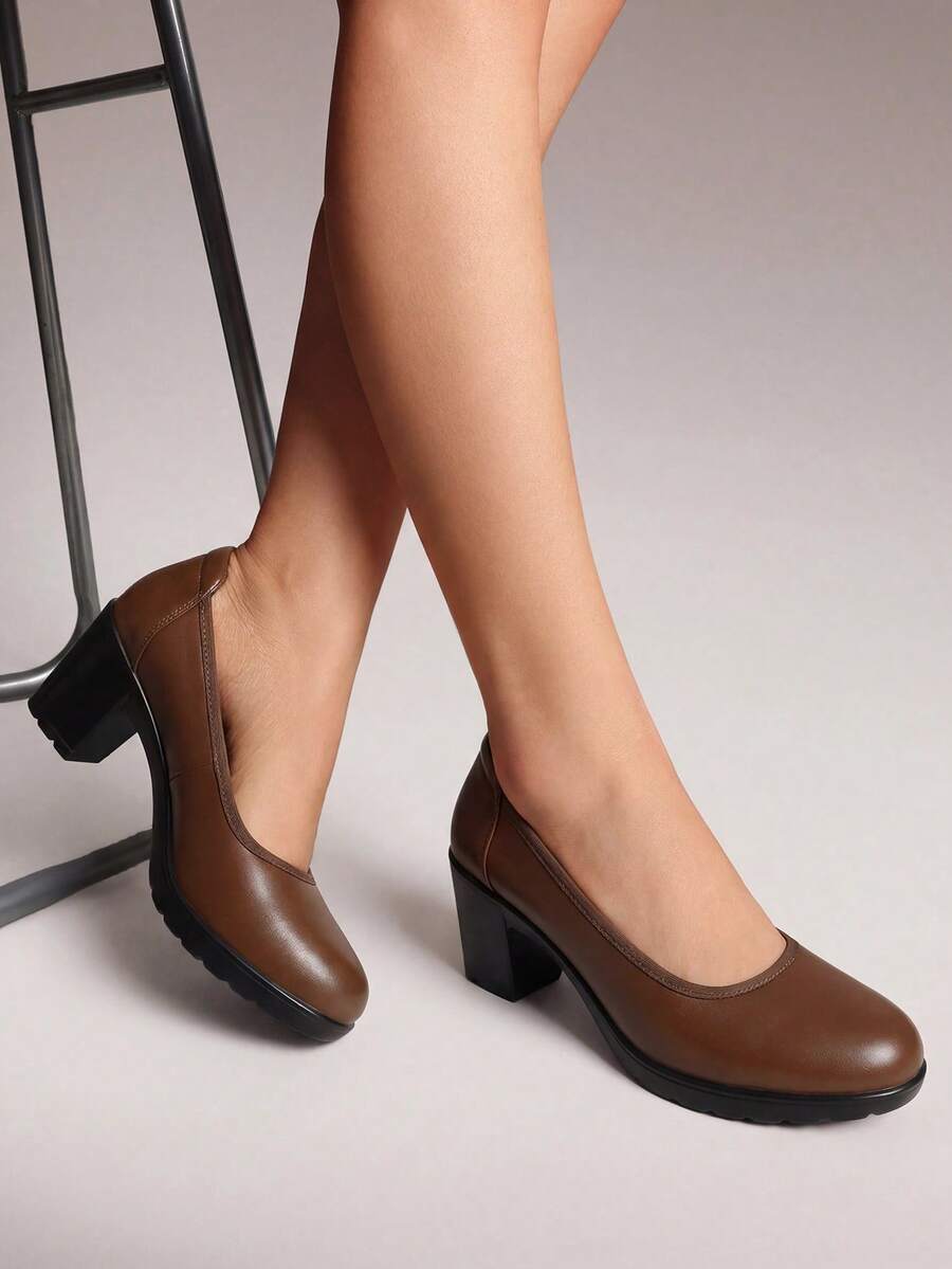 Women's Chunky Round Toe Low Block Heels Pumps Comfortable Round Toe Elegant And Fashionable Dress Wedding Work Shoes - 咖啡棕 - 查看 1