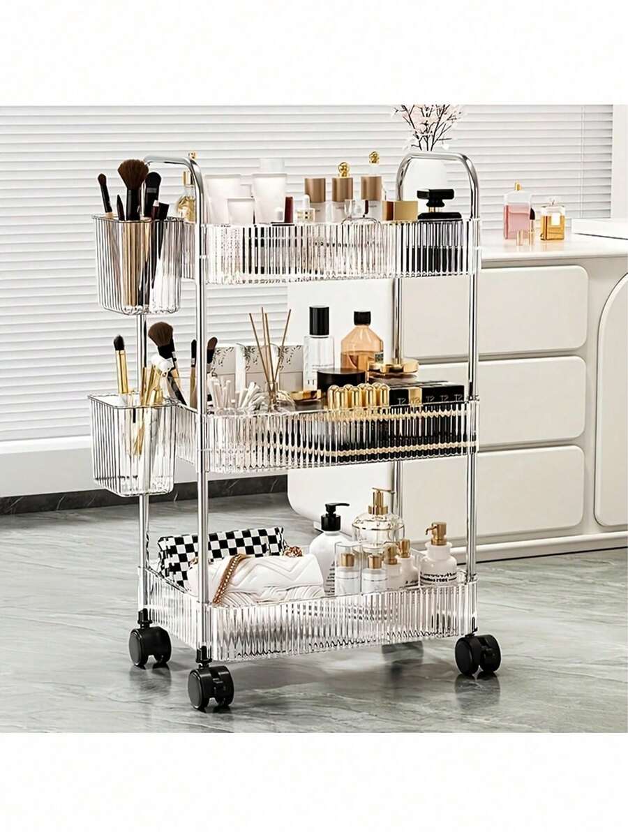 1pc 2/3/4 Tier Wheeled Transparent Acrylic Cosmetic Storage Rack - Multifunctional Bathroom & Living Room Makeup Organizer, Transparent Design For Easy Viewing, Movable Cosmetic Storage Cart | Modern Storage Rack | Multi-Tier Storage Cart Vanity