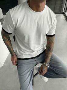 GRDR 男士夏季经典二合一圆领短袖T恤，时尚简约通勤百搭款 - 白色 - 查看 1