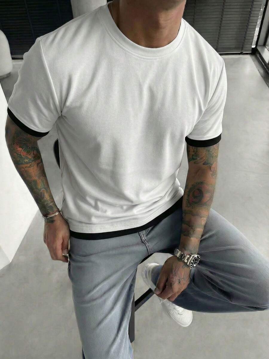 GRDR 男士夏季经典二合一圆领短袖T恤，时尚简约通勤百搭款 - 白色 - 查看 1