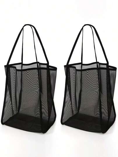 2pcs Large Capacity Mesh Beach Tote Bags - Made Of Durable Material, Solid Color Design, With Sturdy Handles, Ideal For Travel, Beach, Vacation And Camping, A Versatile And Practical Storage Solution