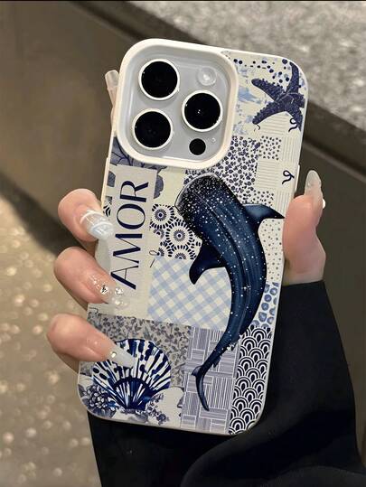 1 pieza Funda de teléfono con textura e impresión UV de elementos oceánicos con ballena y estrella de mar, compatible con iPhone 17-11 Pro Pro Max Plus y Series, regalo