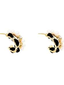 1 par de pendientes de perlas con contraste blanco y negro en forma de C, joyas de acero inoxidable con baño de oro milenario, joyas femeninas, accesorios de playa para dama, pendientes circulares de plata, regalos de joyas de plata para mujeres adultas, regalos para mamá, regalos de Pascua - Negro - Ver 5