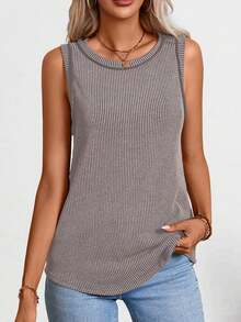Women's Ribbed Crew Neck Camisole Top, Summer Casual - Coffee Brown - View 5