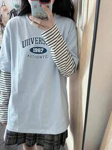 English Element Striped Long Sleeve Round Neck Loose Knit Blue & White Women T-Shirt, Vacation Casual Top For Spring Autumn, Valentine's Day - 2A24 Blue and White - KJ0262 - View 4