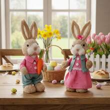 Easter Bunny Decoration Cute Straw Rabbit Figurines Table Centerpiece For Home Farmhouse Holiday Spring Party Tiered Tray Decor - Rose Red - View 5